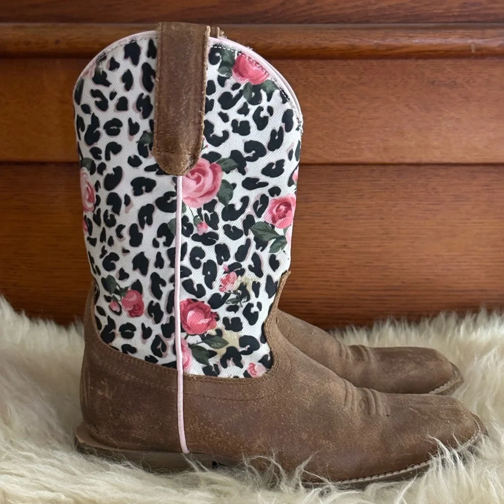 Ariat Kids Gringa Toddler Western Brown Leather Leopard and Rose Print Boots